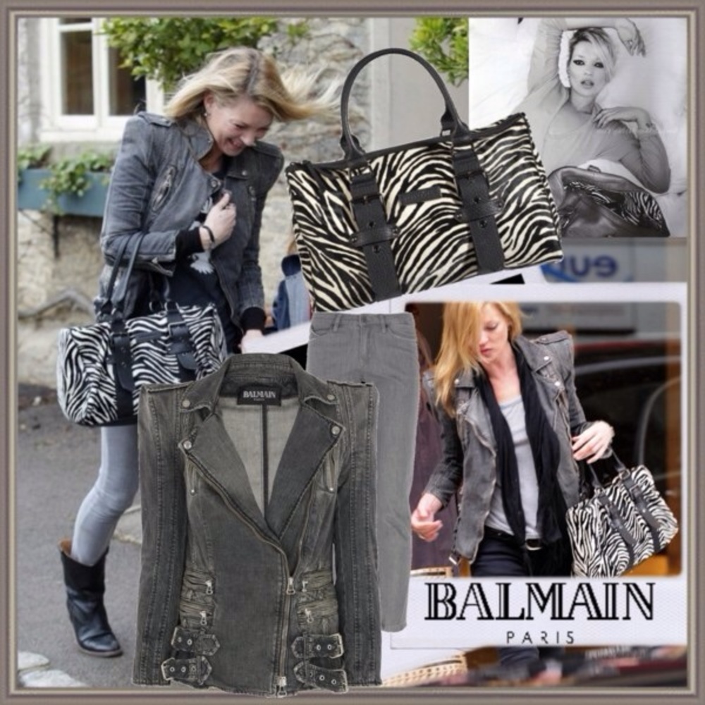Balmain Paris moto biker denim jean jacket grey gray XS Kate Moss Kim Kardashian - Picture 2 of 12